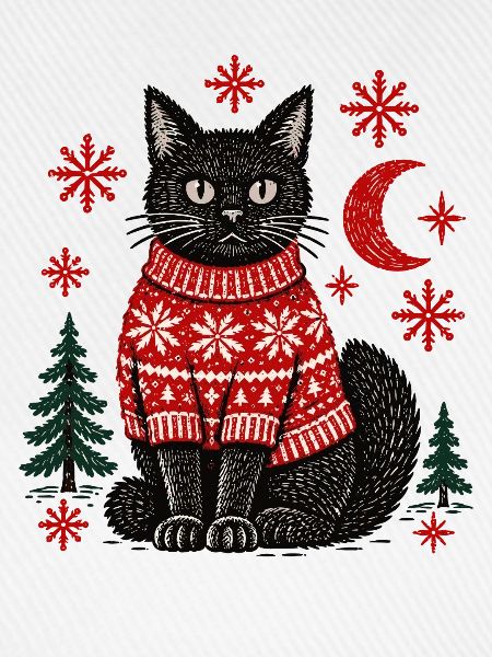 Weihnachtsschwarze Katze im gestrickten Pullover