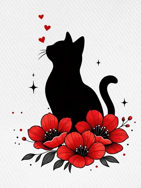 Schwarze Katze & Rote Mohnblume