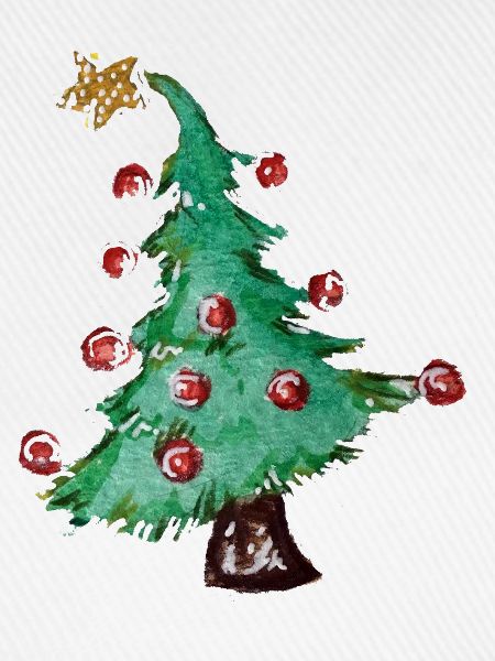 Aquarell-Weihnachtsbaum mit roten Ornamenten