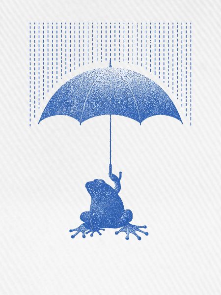 Frosch mit Regenschirm im Regen