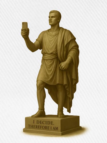 Antiker Philosophieroboter mit Smartphone