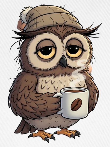 Verschlafene Eule Mit Kaffeetasse Cartoon