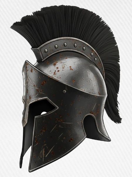 Rostiger Kriegerhelm mit schwarzer Feder