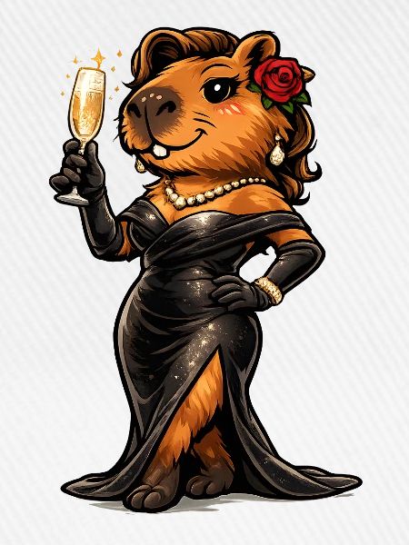 Capybara Dame im Abendkleid mit Schaumwein