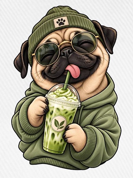 Süßer Mops mit Matcha Latte