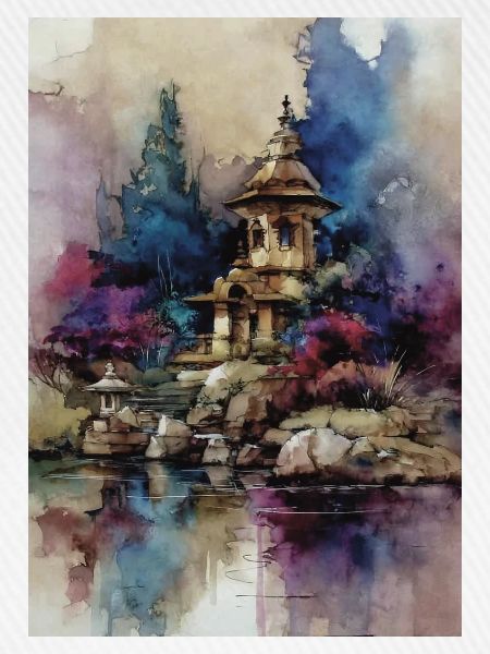 Aquarellgarten der blauen Pagode