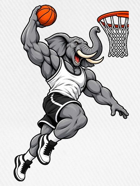 Elefant beim Basketball Slam Dunk