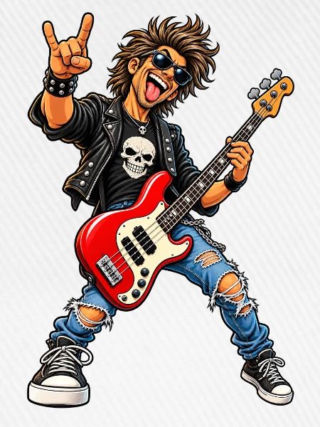 Rocker mit Skull-Tee und roter Bass