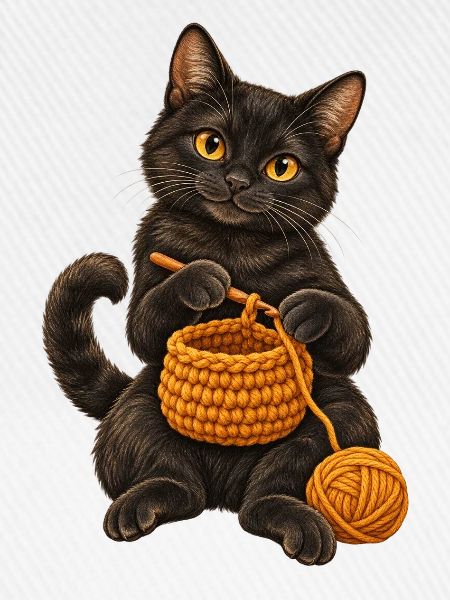 Schwarze Katze häkelt einen Korb