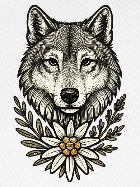 Wolfkopf mit Blumenkranz