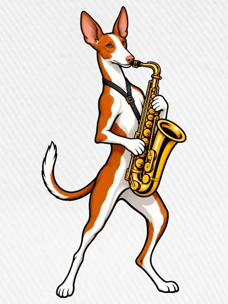 Podenco Ibicenco mit Saxophon