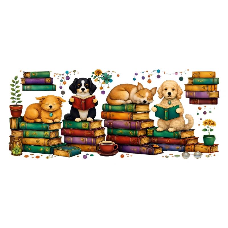 Lesende Hunde mit Bücherstapeln