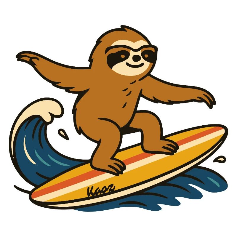 Surfing sloth on surfboard
