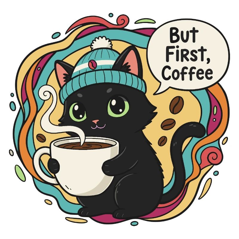 Kaffeezeit Katze mit Mütze