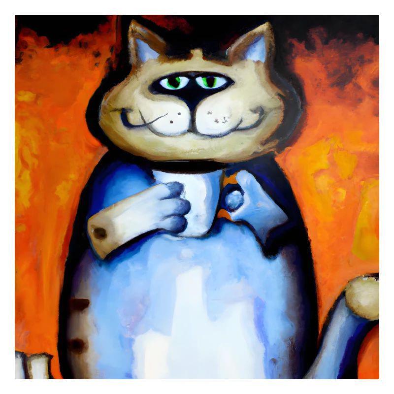 grinsende Katze mit ihrem Kaffee