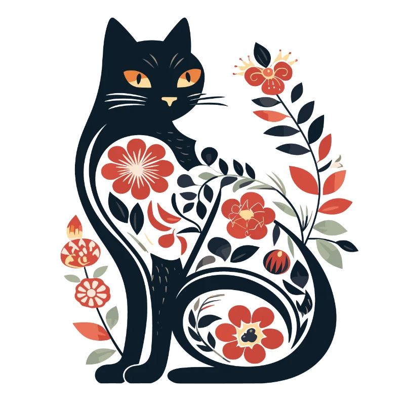 Cat silhouette with floral patterns
