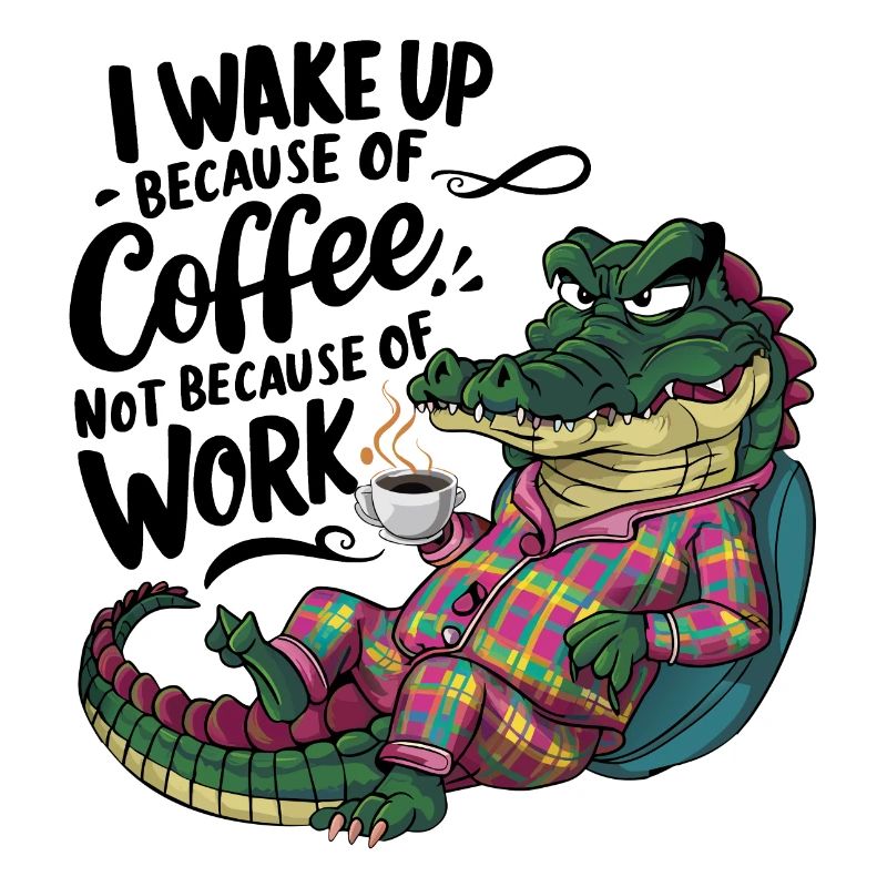 Morgenkaffee Morgenmuffel Krokodil mit Kaffeetasse