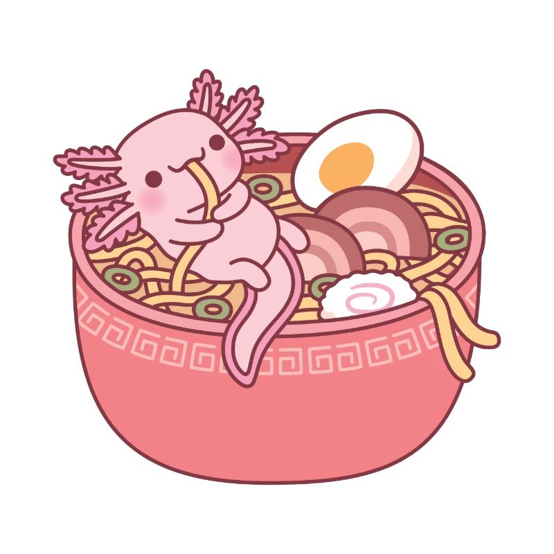 Mignon axolotl mangeant des nouilles ramen dans un bol drôle
