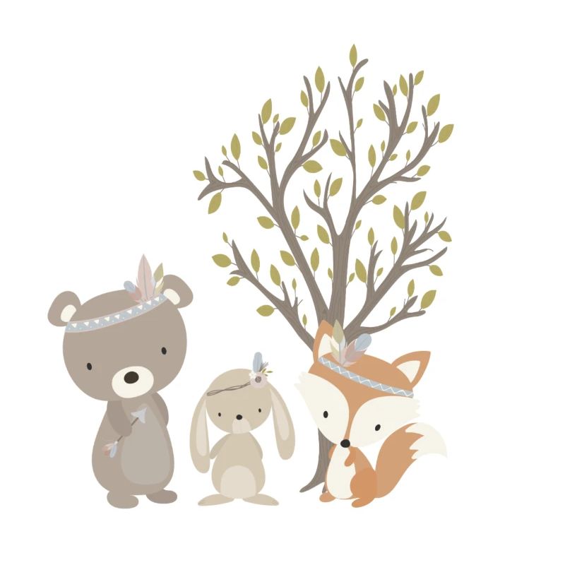 Boho forest animals with Indian fox, bear and rabbit