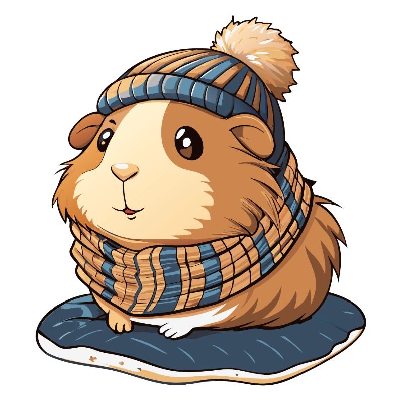 Mignon cochon d’Inde avec écharpe et chapeau à pompon.