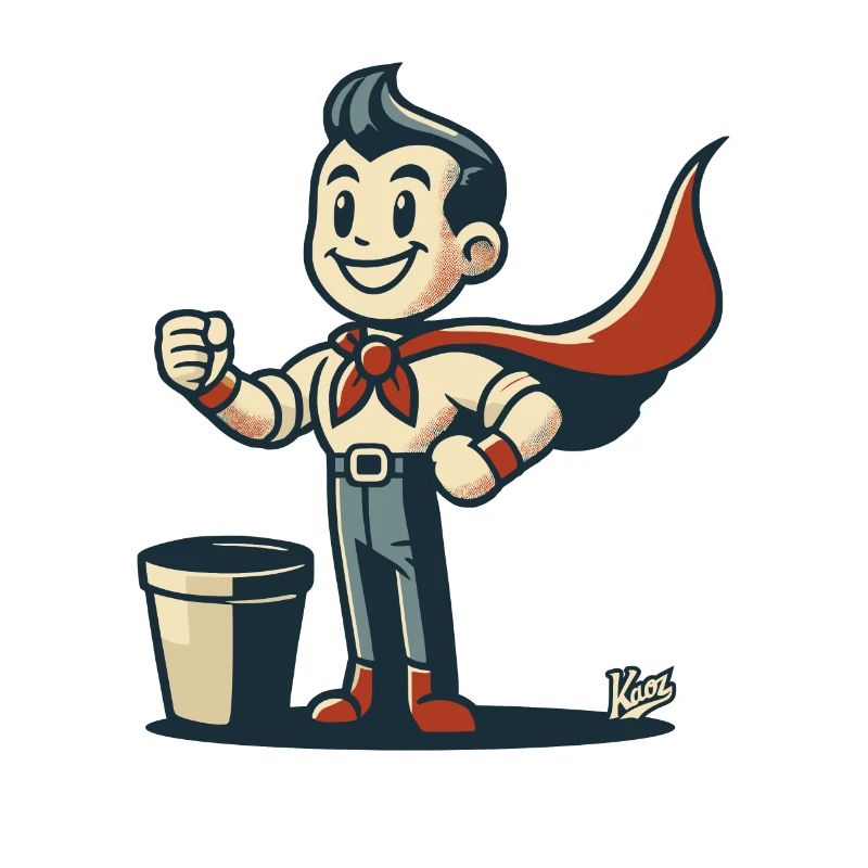 -Retro-Papierkorb-Normalo-Superheld mit Umhang