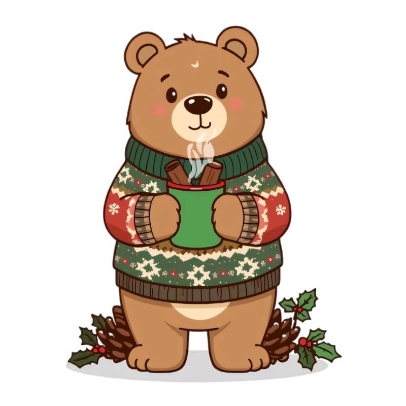 Winterbär mit dampfendem Kakao