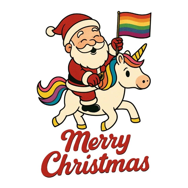 Weihnachtsmann auf Einhorn mit Regenbogenfahne