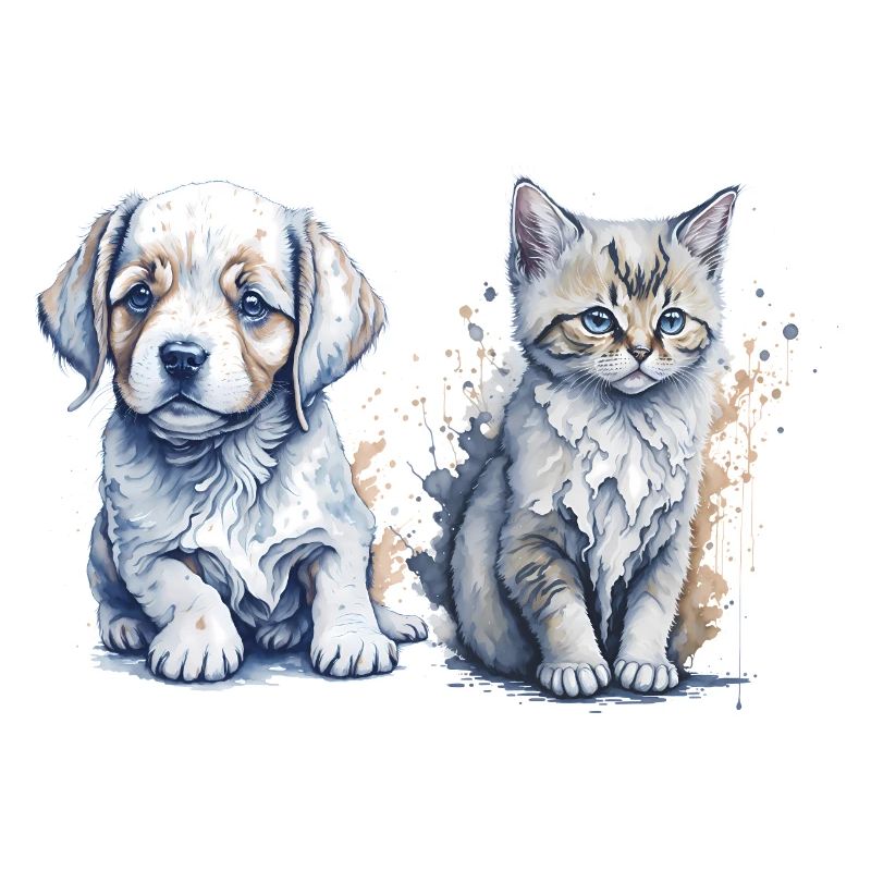 Peinture à l’aquarelle d’un chiot et d’un chaton mignons