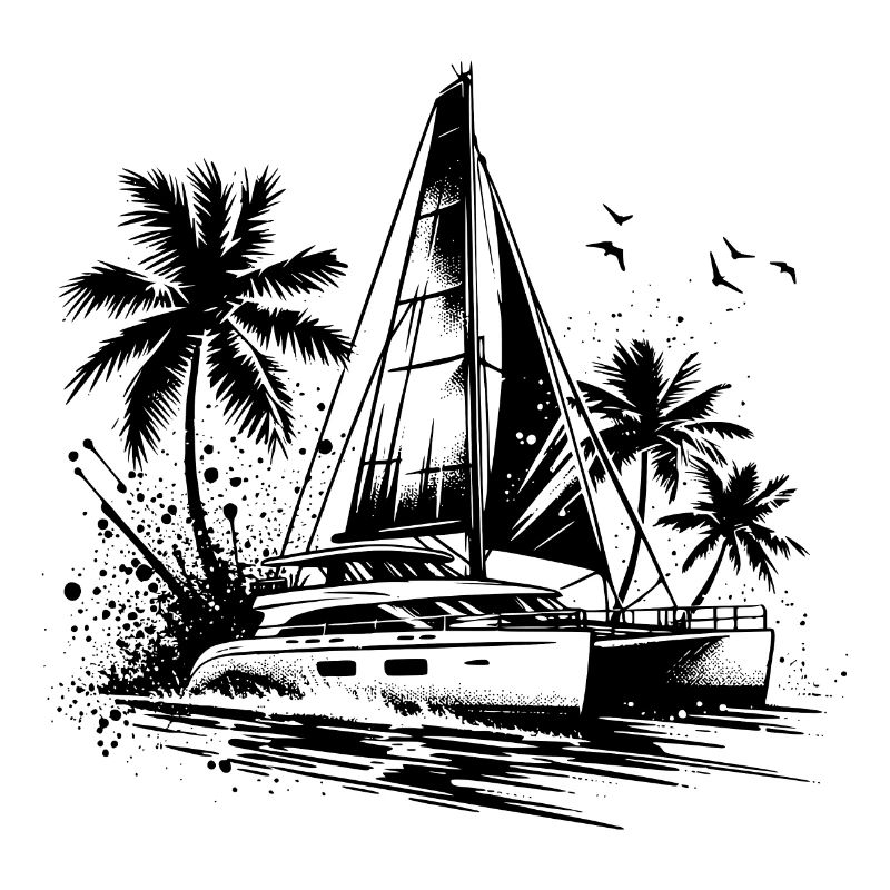 Double hull catamaran sailboat with palm trees
