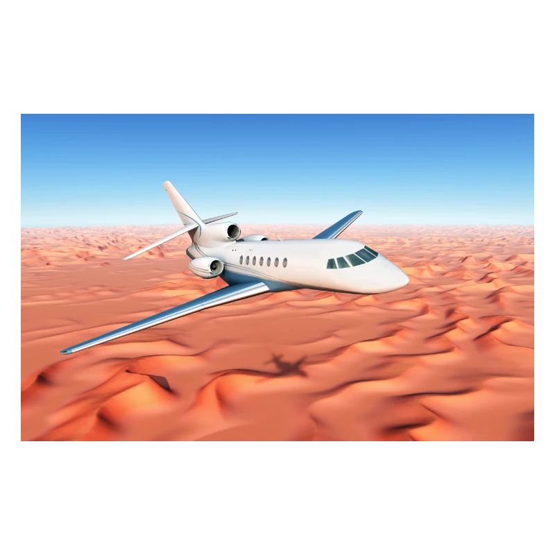 A passenger plane over a sandy desert