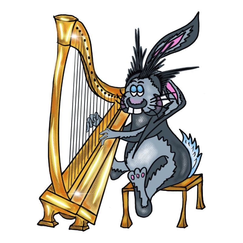 Xavier der Hase spielt Harfe