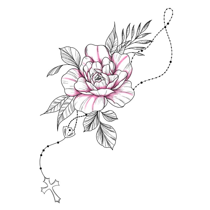 Dessin fleur rose chapelet croix et feuillage