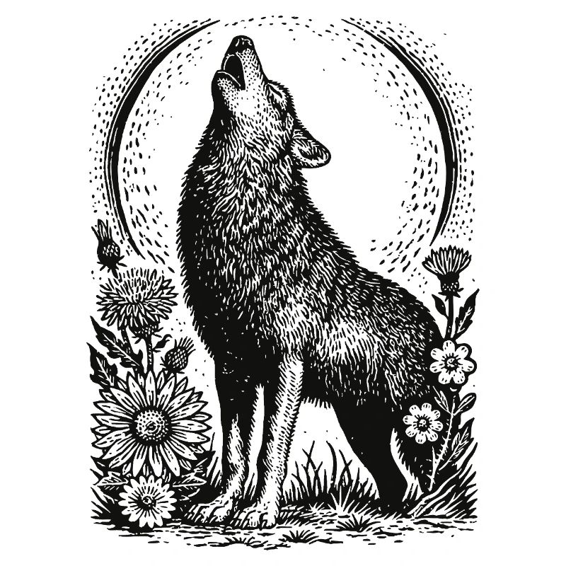 Howling Wolf in Floral Circular Frame