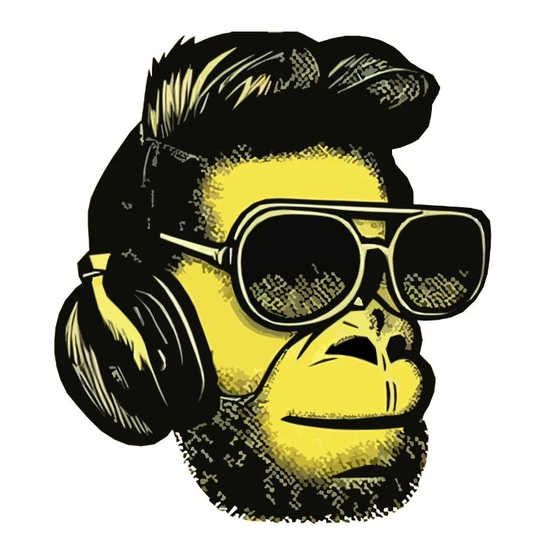 Affe hört Musik mit Kopfhörern