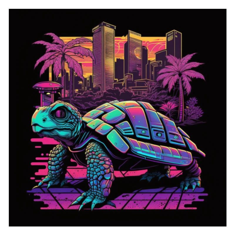 Turtle with neon colors, synthwave / 80s