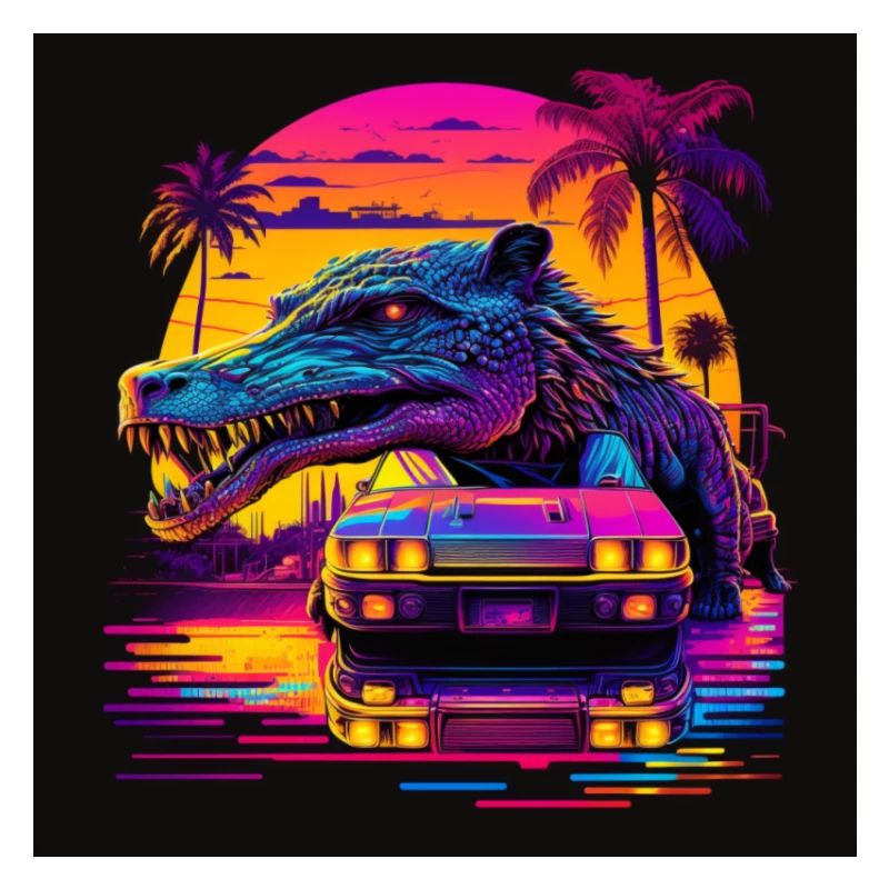 Crocodile with neon colors, synthwave / 80s