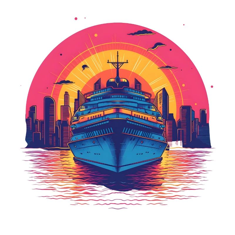 Coucher de soleil sur le bateau de croisière Synthwave