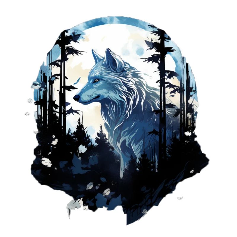 Weißer Wolf im Wald bei Vollmond