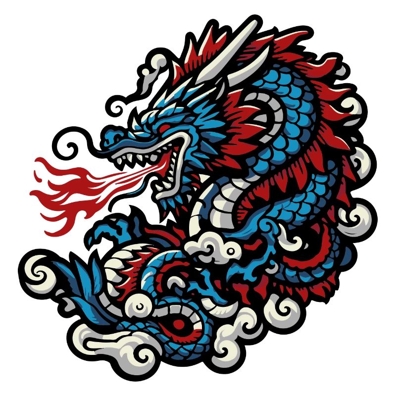 Vintage feuerspeiender blauer und roter Drache