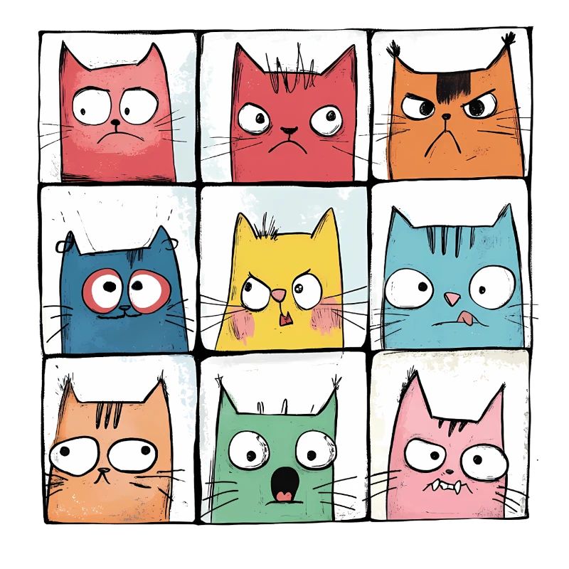 Comic Katzen | mürrische Gesichter | 3x3 Raster