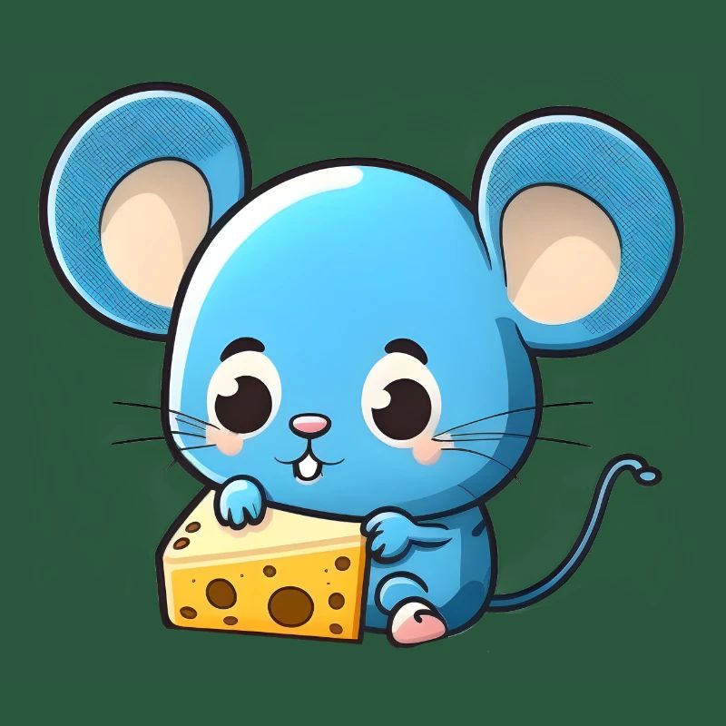 Kleine blaue comic Maus spielt mit Käse