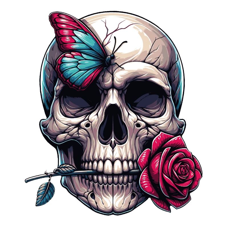 Skull with red rose and butterfly
