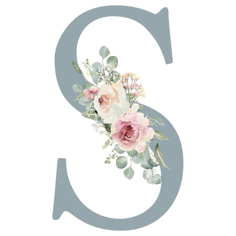 S| Monogram | Eucalyptus Pastel Flower Blue