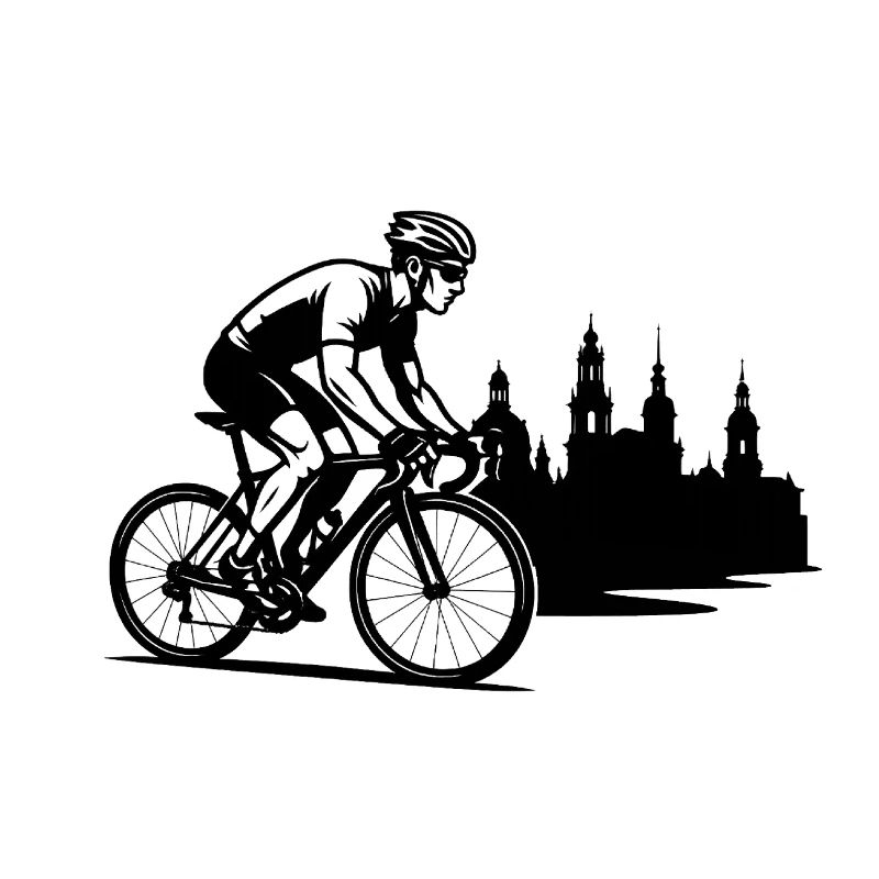 Des cyclistes en course devant la silhouette de Dresde