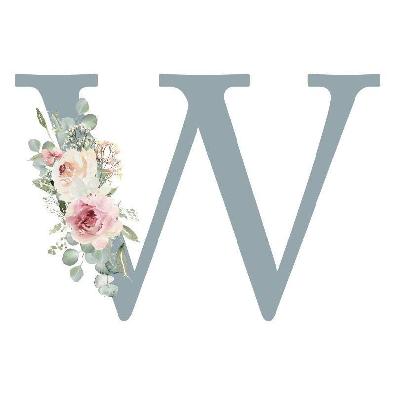 W| Monogramm | Eukalyptus-Pastell-Blumen-Blau