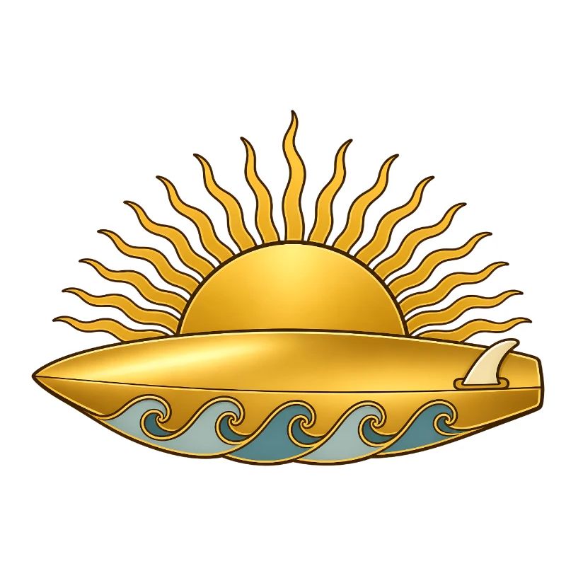 Soleil doré avec planche de surf et vagues de mer