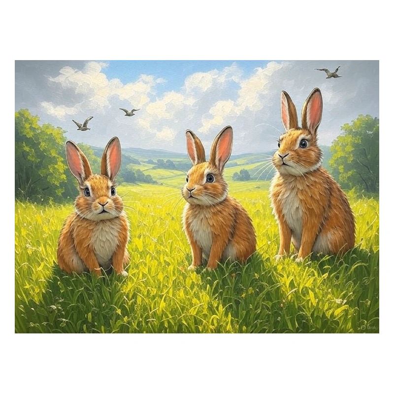 Three rabbits in the spring field