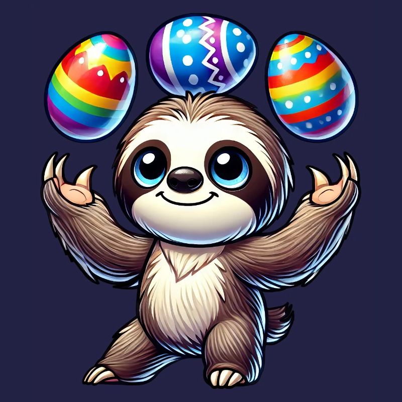 Sloth juggles Easter eggs colorful funny
