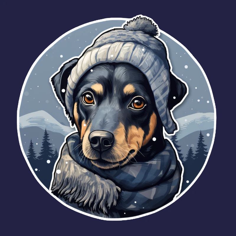 Pinscher d’hiver avec écharpe, veste et bonnet à pompon