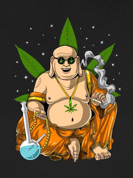 Buddha, der Unkraut raucht